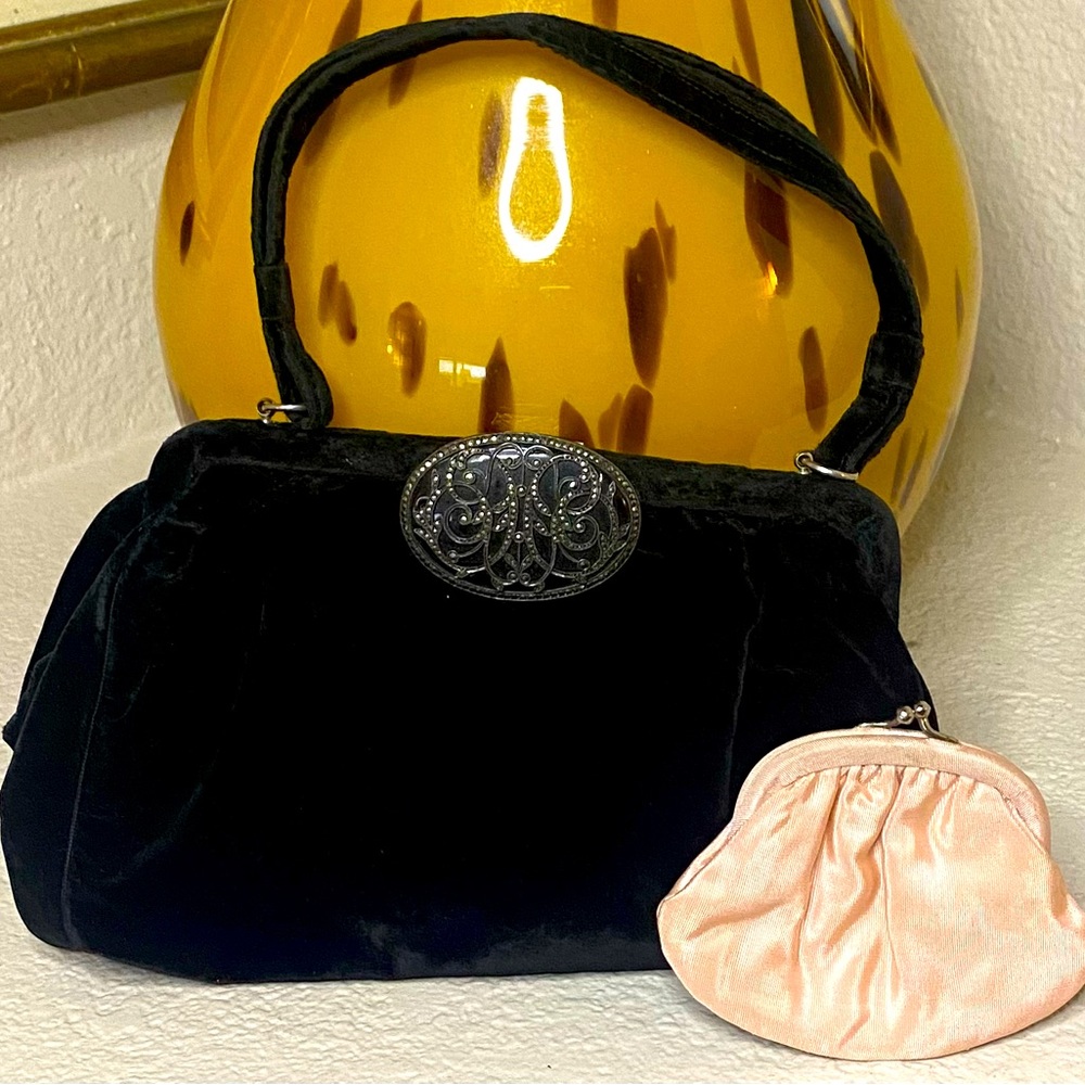 Vintage Black Velvet Evening Purse with Original Matching Coin Purse